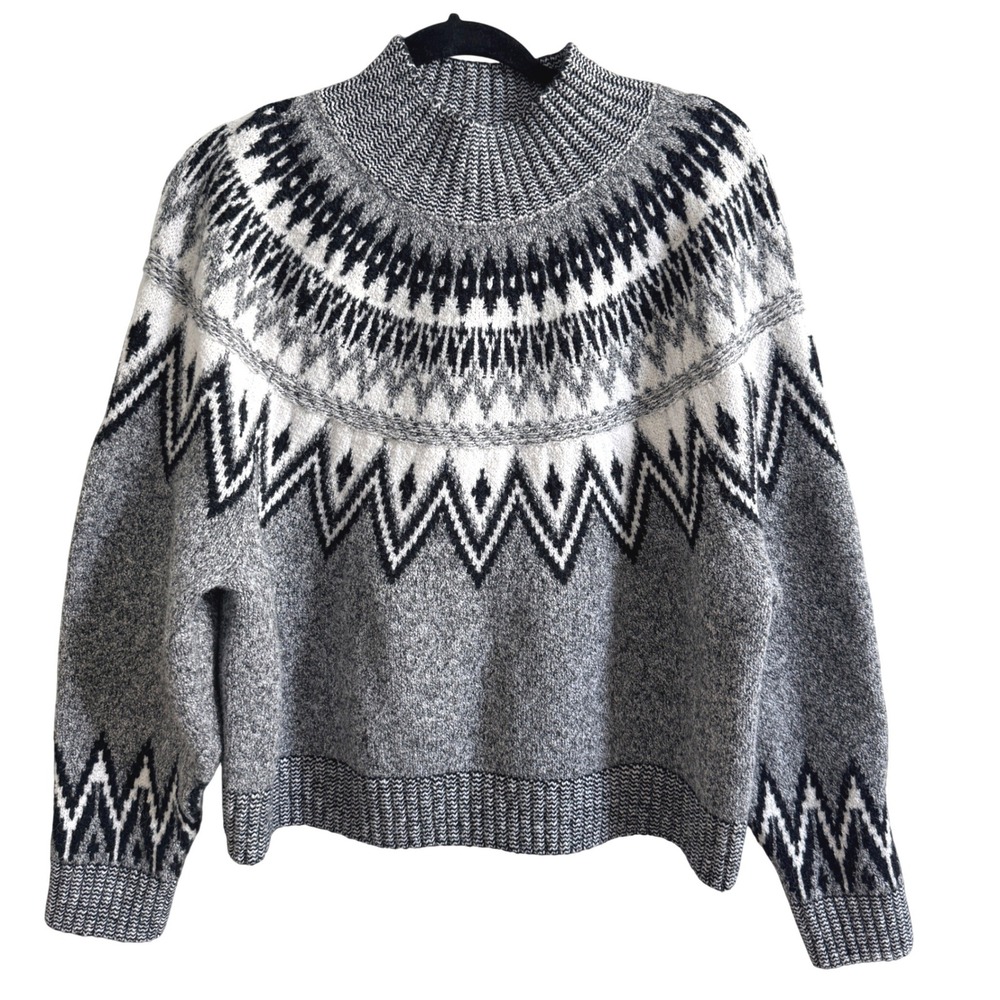 Old Navy Fair Isle Sweater Womens Large Gray White Mock Neck Knit Pullover